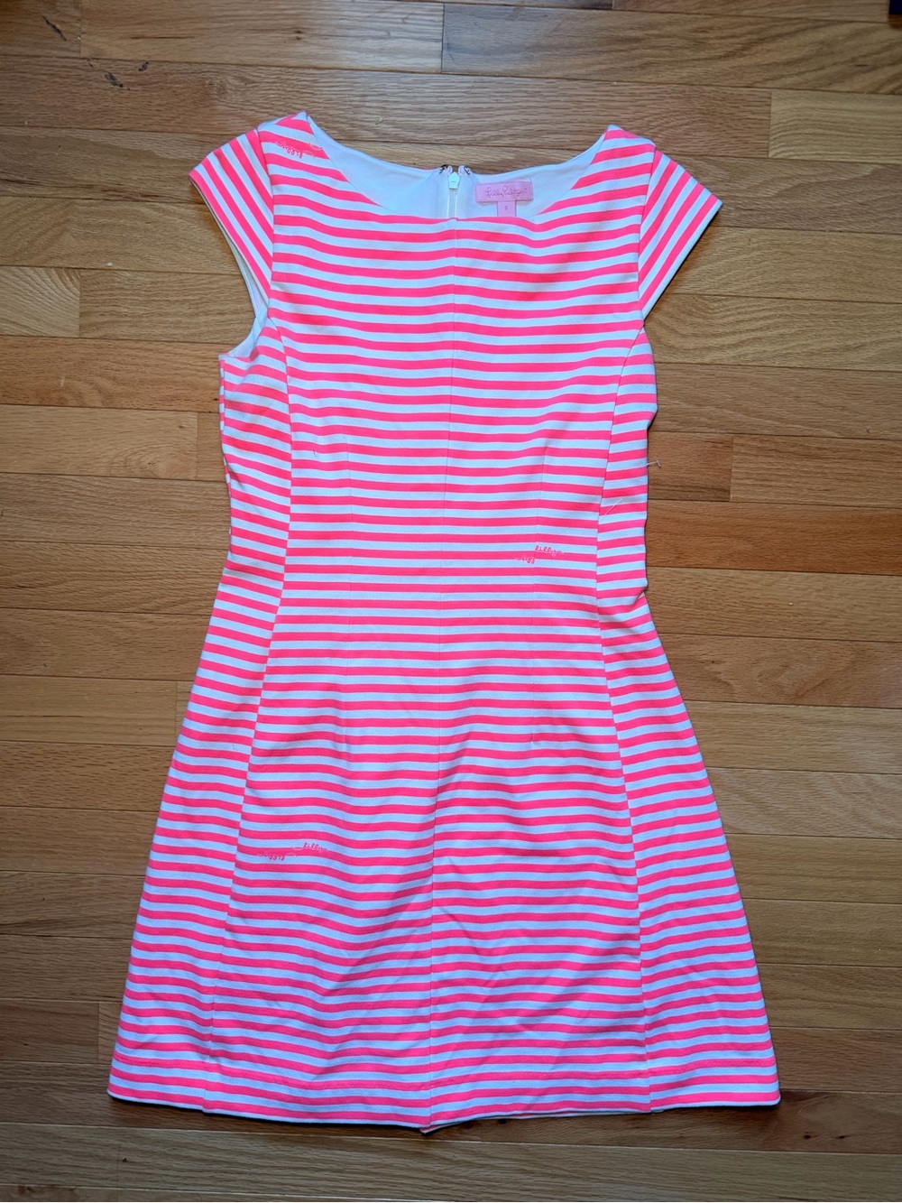 Lilly Pulitzer Briella Stripe White Hot Pink Signature Fit and Flare Dress S